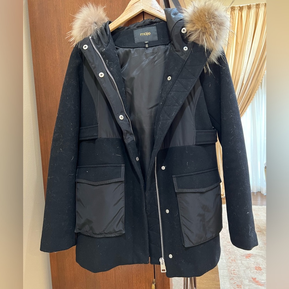 Maje black wool coat with fur, zipper, and buttons. Great condition. Size 38.
